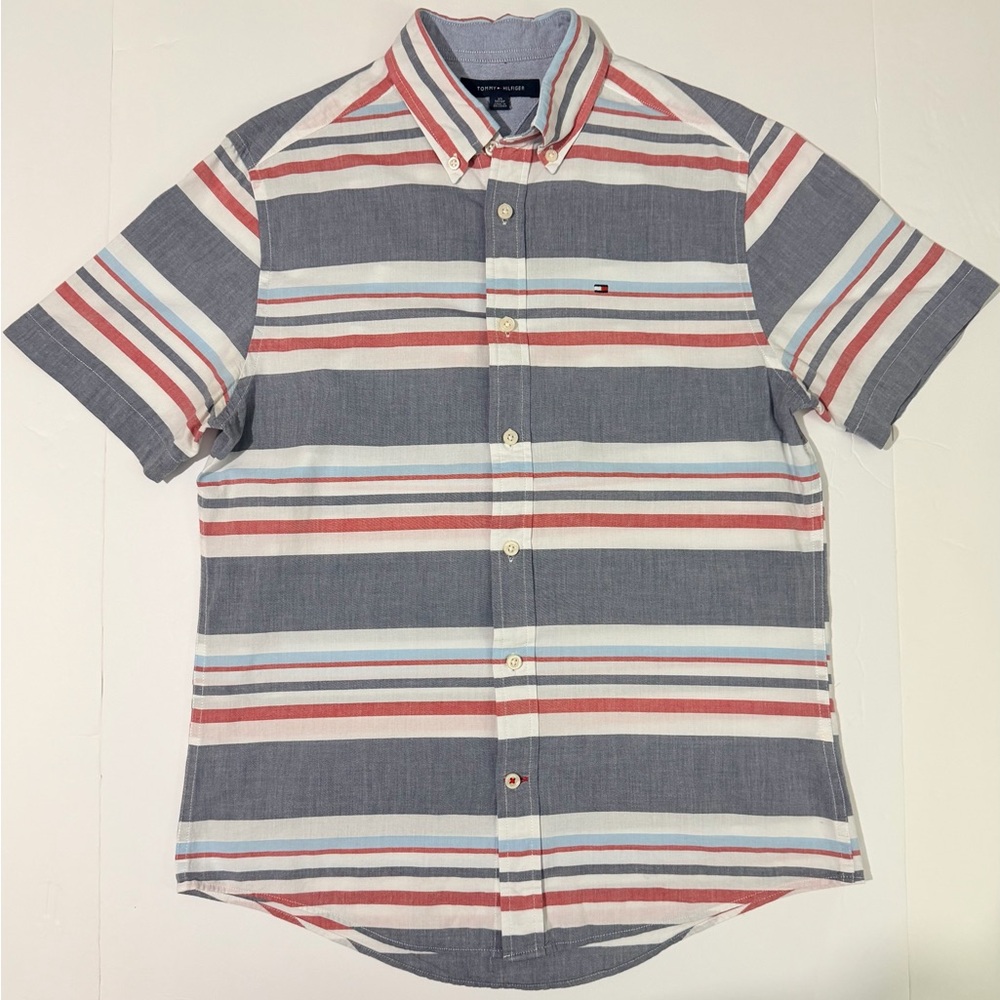 Tommy Hilfiger Men's Striped Button-Down Shirt - Gray, Red, and White